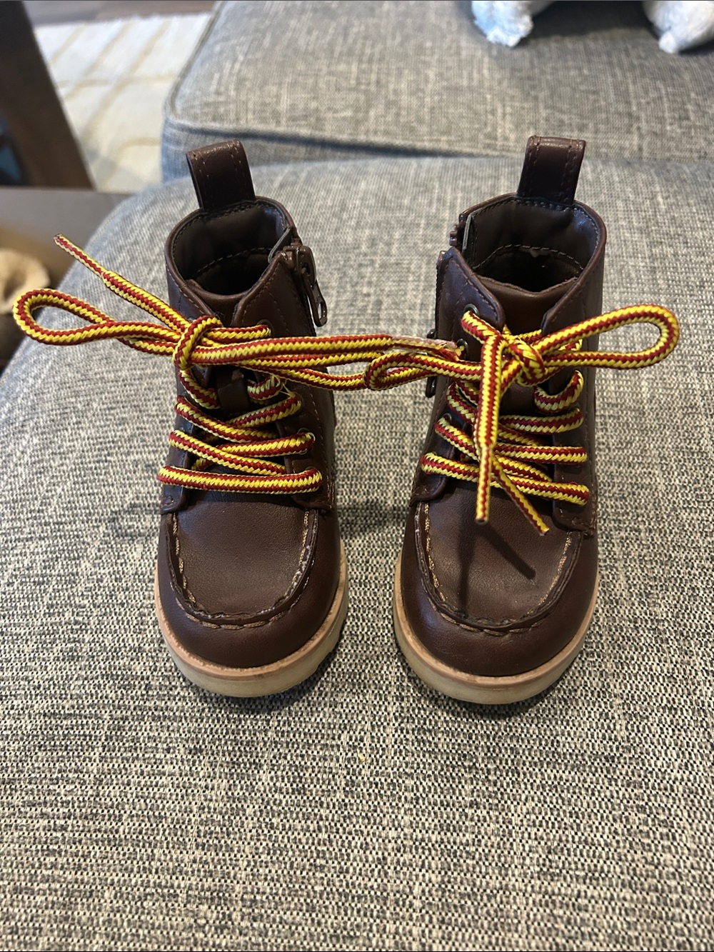 Cat & Jack Brown Faux-Leather Kids Lace-Up Boots with Yellow-Red Laces